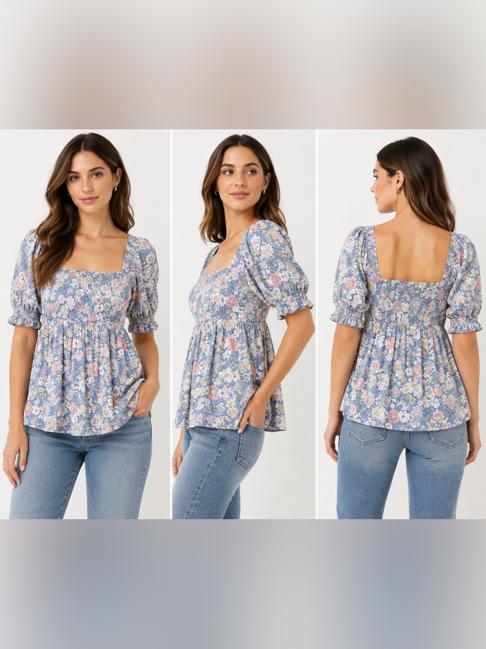 Arula Blue Floral Square-Neck Peplum Blouse